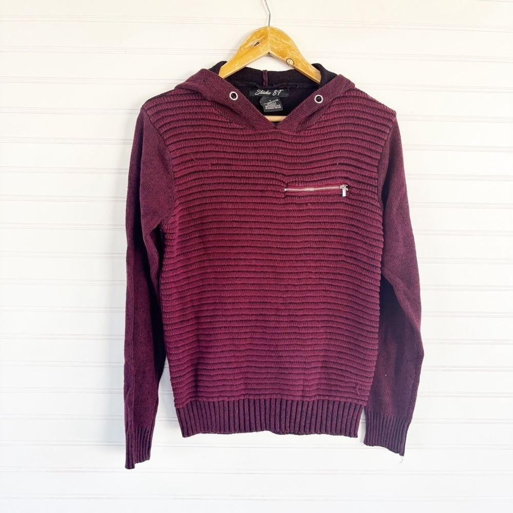 Burgundy Knit Hoodie Sweater‎
